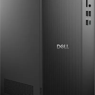 מחשב שולחני Dell Pro Tower בצבע שחור עם לוגו Dell, פורטי USB ו-USB-C בחזית וכפתור הפעלה עליון