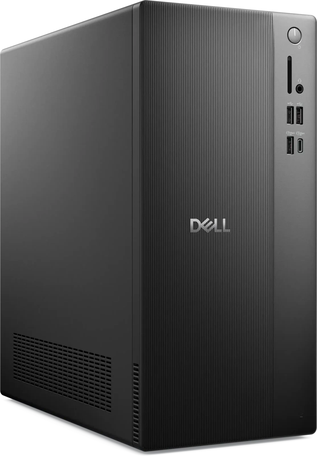 מחשב שולחני Dell Pro Tower בצבע שחור עם לוגו Dell, פורטי USB ו-USB-C בחזית וכפתור הפעלה עליון